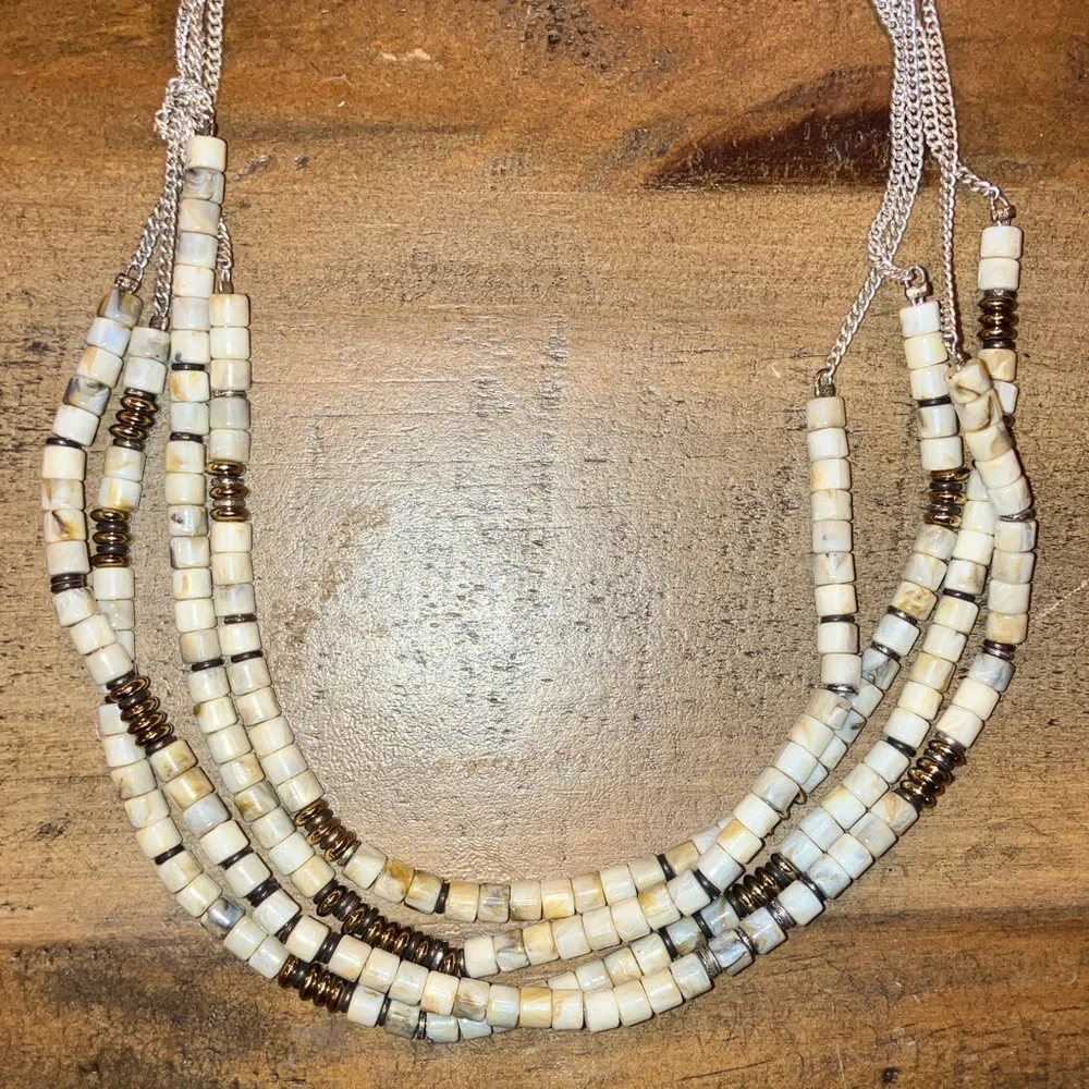 Kenneth Cole Multi Strand Beaded Statement Necklace Neutral Tones Cream Gray - Picture 2 of 4